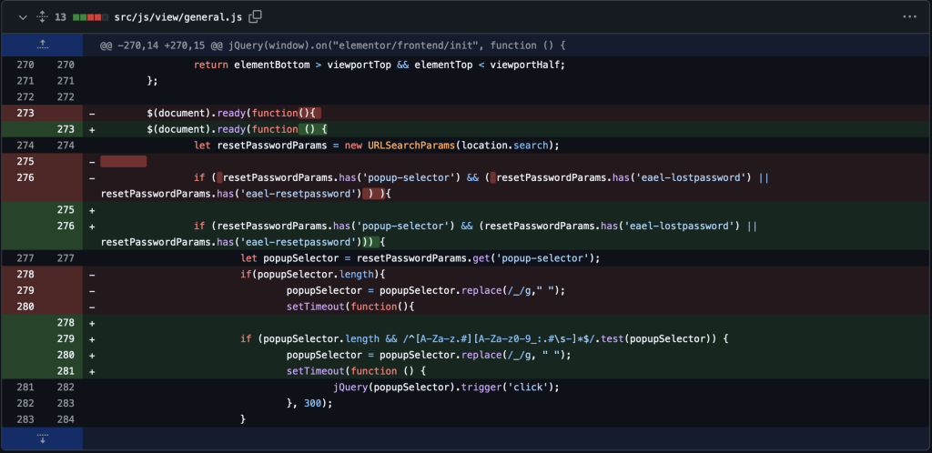 A screenshot showing the diff-style output between version 6.0.14 and 6.0.15 of the src/js/general.js file.